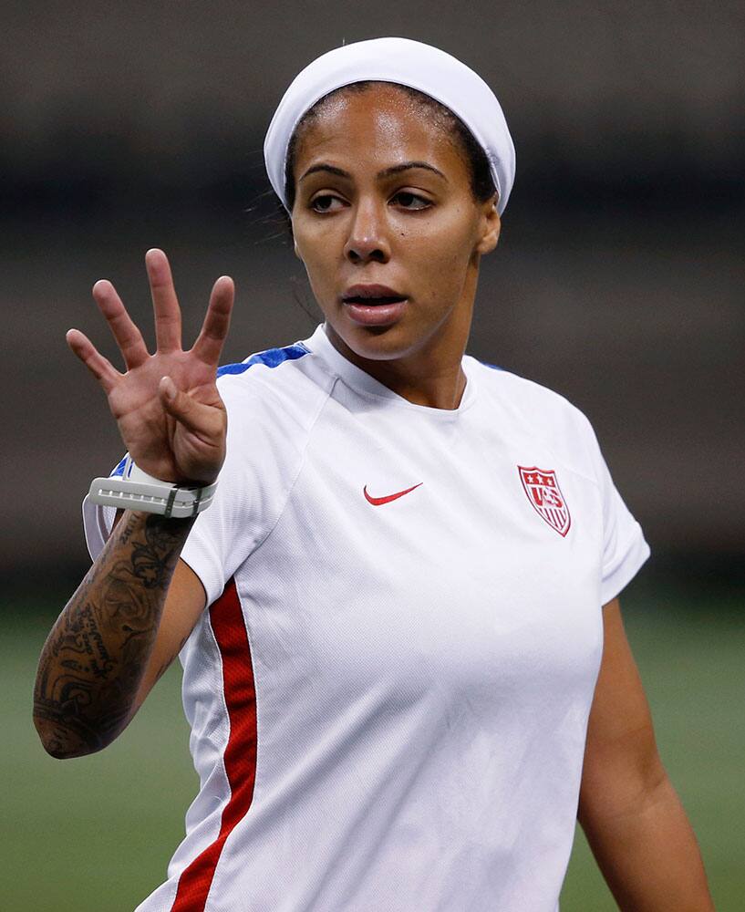 U.S. forward Sydney Leroux reacts during a practice session for the team's final victory tour match, against China, in New Orleans.