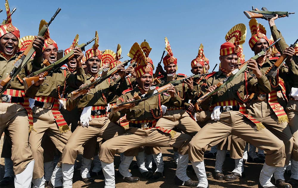 Sashastra Seema Bal (SSB) Jawans jubilate after the passing out parade at Chandukhedi near Bhopal on Tuesday. 406 jawans from 15 states took part in the 6th Convocation Parade.