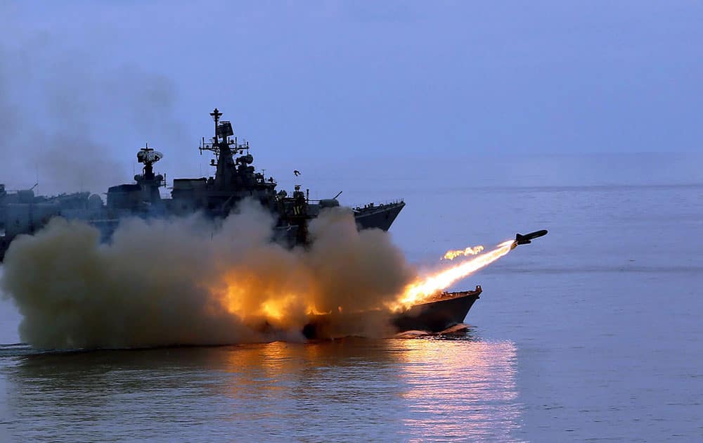 A Surface to Surface Missile (SSM) is fired by INS Nirghat (a missile boat) during the Operational Demonstration before Prime Minister Narendra Modi in Kochi, Kerala.