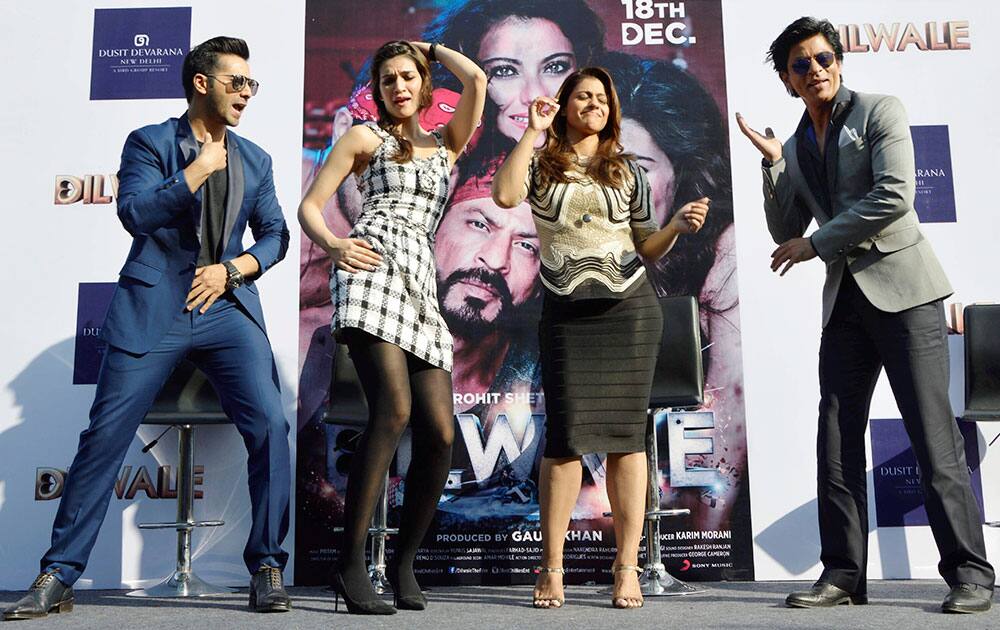 Bollywood actors Shahrukh Khan, Kajol, Kriti Sanon and Varun Dhawan at a promotional event of the upcoming film Dilwale in Gurgaon.