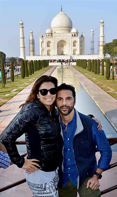 American actress Eva Longoria poses for a photo during her visit to Taj Mahal in Agra.