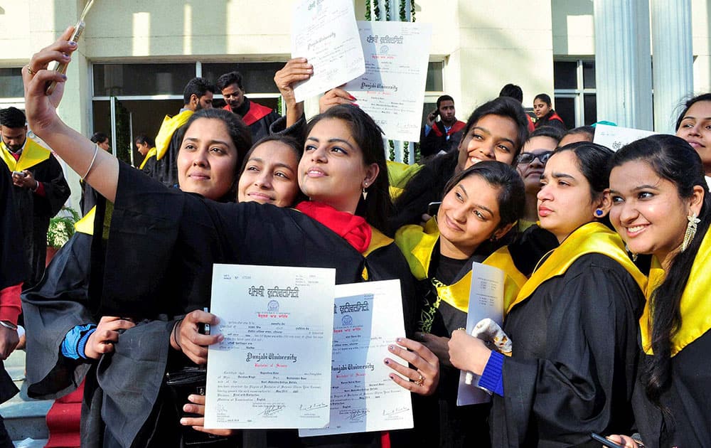 Students after receiving their degrees during the Annual Convocation of Government Mohindra College in Patiala.