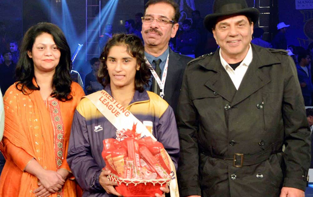 Bollywood actor Dharmendra a during Pro-wrestling match in Gurgaon.