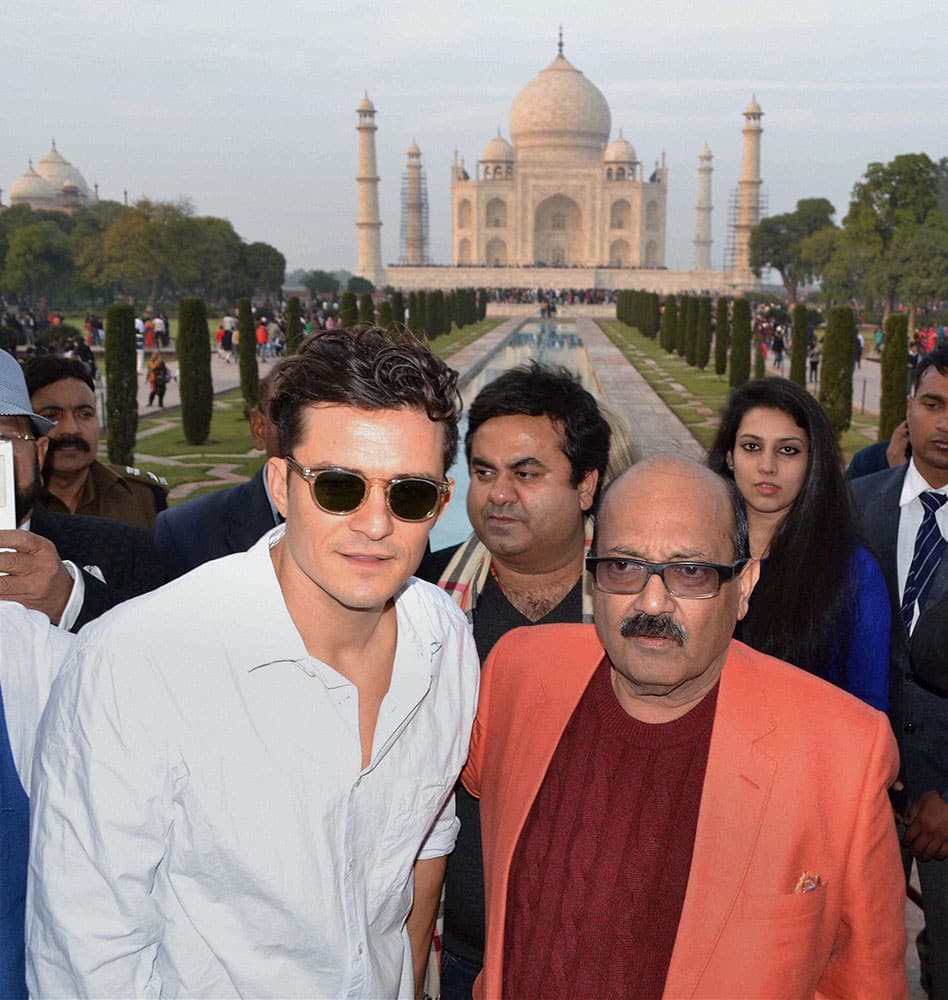 Hollywood actor Orlando Bloom with Amar Singh during a visit to Taj Mahal in Agra.