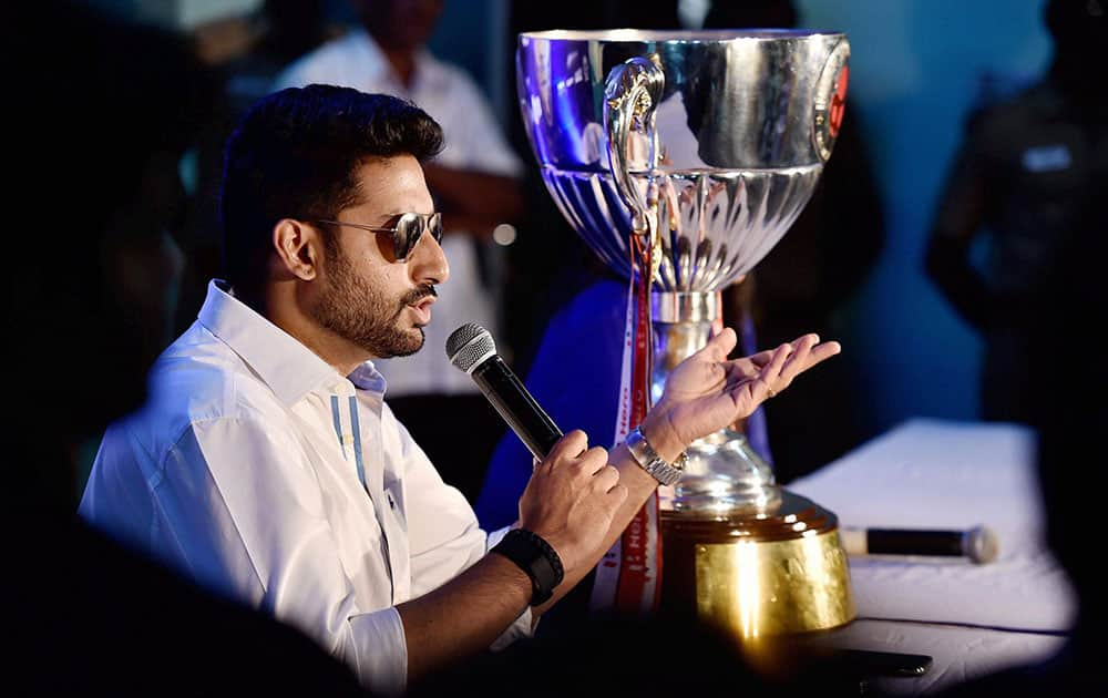 Chennaiyin FC Co-owner and bollywood actor Abhishek Bachchan during a press conference after winning Indian Super League (ISL) 2015 title at Jawaharlal Nehru Stadium in Chennai.