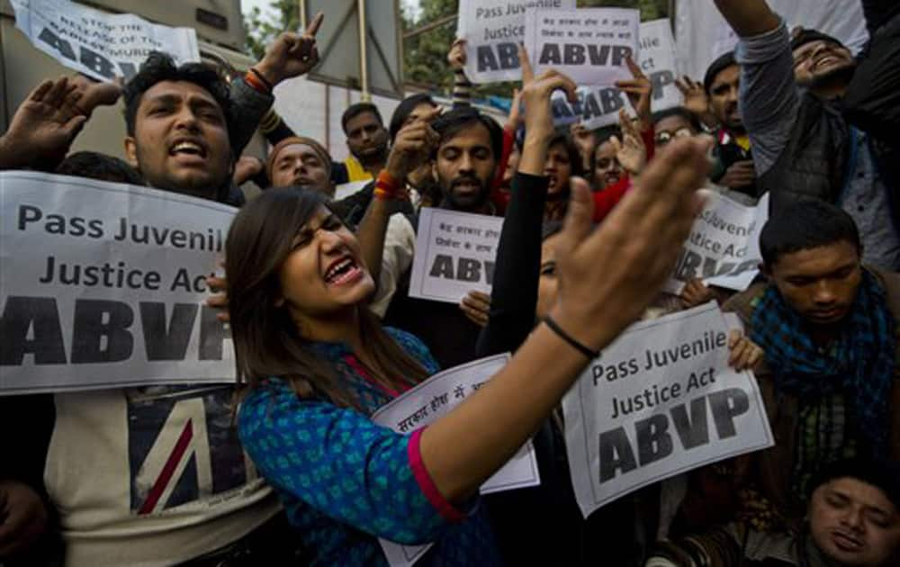 Members of Indian students organization ABVP shout slogans as they protest the release of a juvenile convicted in the fatal 2012 gang-rape that shook the entire nation.
