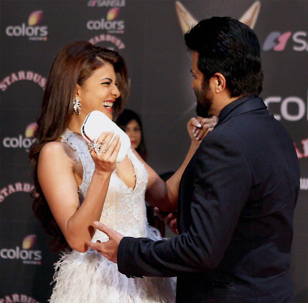 Actors Jacqueline Fernandez and Anil Kapoor during Sansui Colors Stardust Awards in Mumbai.