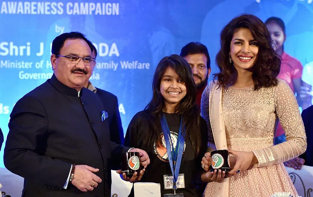 Bollywood actor and UNICEF Goodwill Ambassador, Priyanka Chopra gestures as she speaks during the launch of a media campaign of Weekly Iron and Folic Acid Supplement (WIFS) Program in New Delhi.