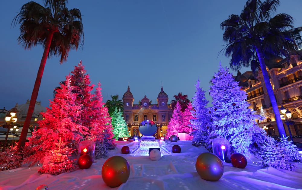 CHRISTMAS TREES DECORATED IN FRONT OF THE MONTE CARLO CASINO FOR CHRISTMAS AND NEW YEAR IN MONACO.