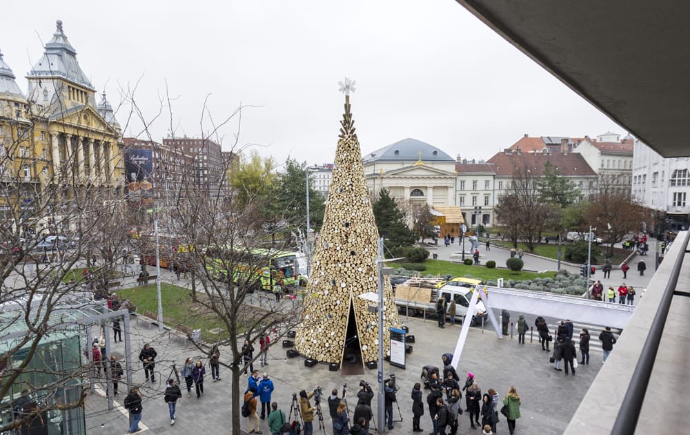 A huge, 16-meter high Christmas tree erected by Hello Wood, a Budapest based international educational platform of design and architecture and a design studio, stands after its inauguration in a square in central Budapest, Hungary.
