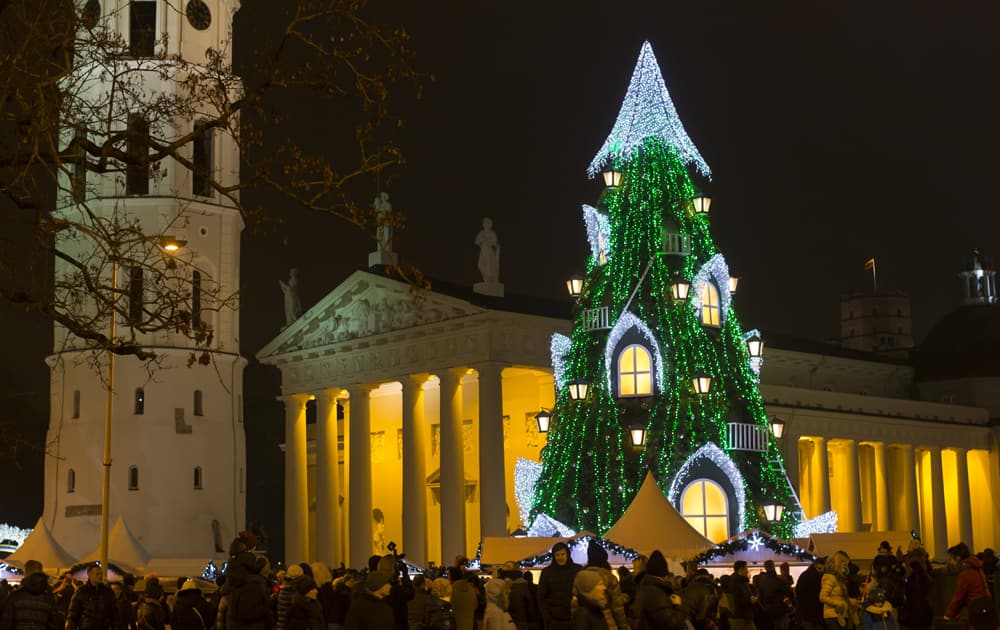 The national Christmas tree stands in Cathedral Square in Vilnius, Lithuania