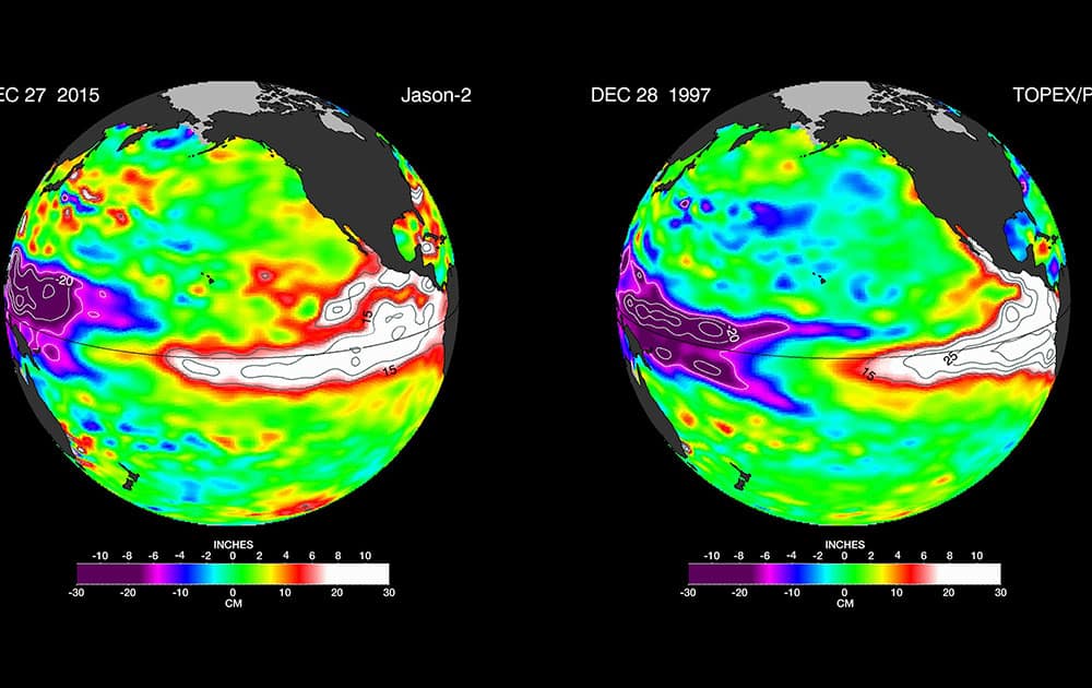 These false-color images provided by NASA satellites compare warm Pacific Ocean water temperatures from the strong El Nino that brought North America large amounts of rainfall in 1997, right, and the current El Nino as of Dec. 27, 2015, left.