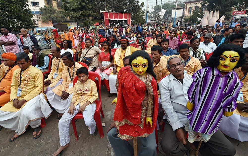 Artists from different districts attend a cultural programme during CPI(M)s ongoing Kolkata Plenum in Kolkata.