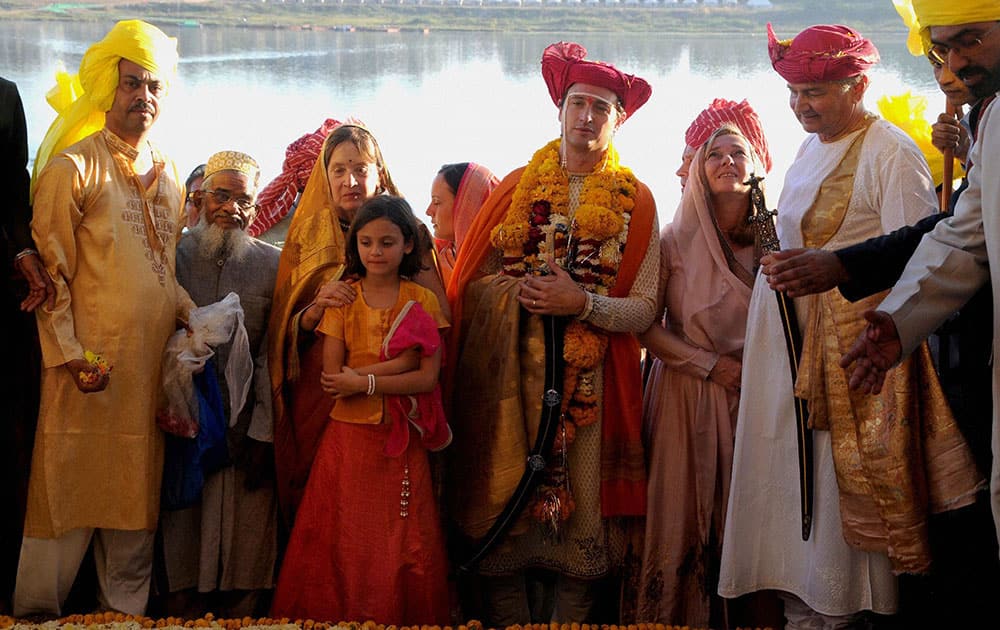 Holkar dynasty prince Shivaji Raos (Richard) son Yashwant Rao Holkar during his wedding ceremony with industrialist Vijay Crishna Godrejs daughter Nyrika at Maheshwar in Khargone.