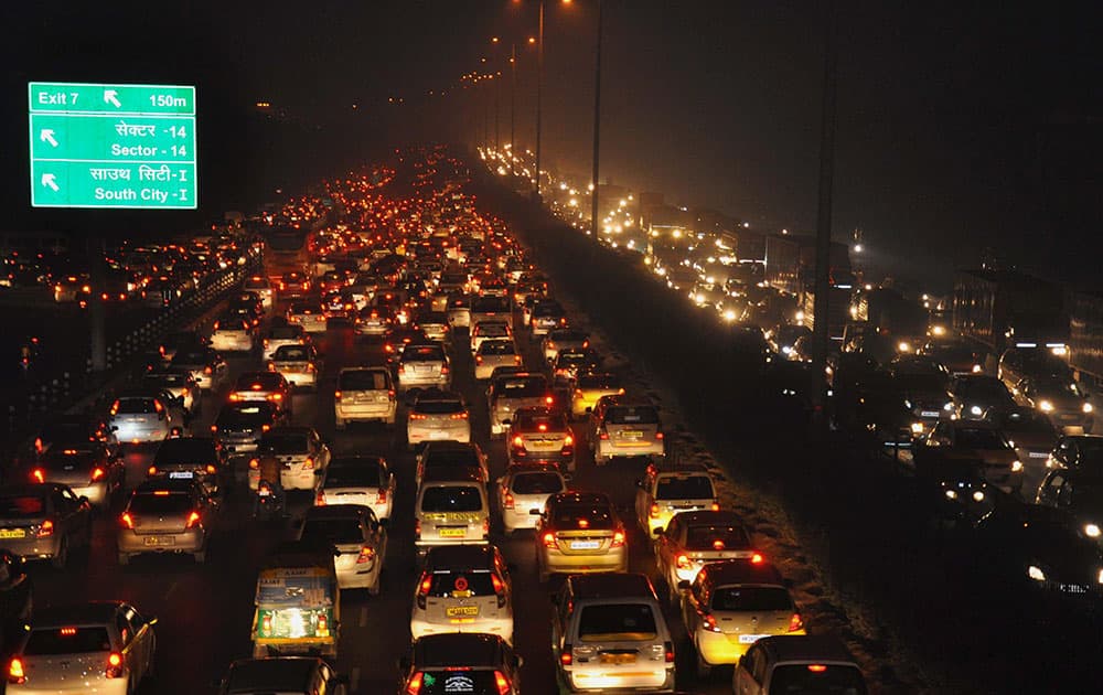 Heavy traffic jam on Delhi Gurgaon expressway during the New Year celebrations, in Gurgaon.