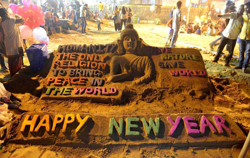 A sand art on New Year 2016 at Juhu Beach Mumbai.