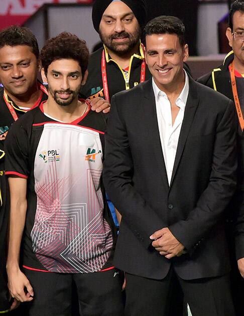 Akshay Kumar along with Mumbai Rockets team during match of the Premier Badminton League in Mumbai.