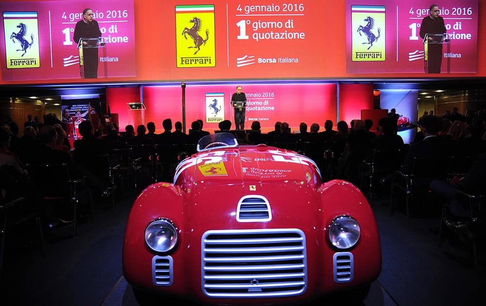 President of Ferrari Sergio Marchionne gives his speech at the stock exchange as the Ferrari luxury carmaker made its Milan stock market debut, in Milan, Italy.