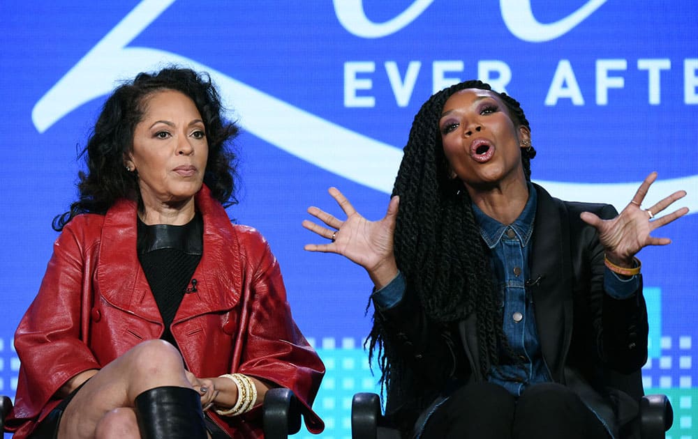 Executive producer Debra Martin Chase, left, and actress Brandy Norwood speak during the &quot;Zoe Ever After  panel at the BET 2016 Winter TCA in Pasadena, Calif.