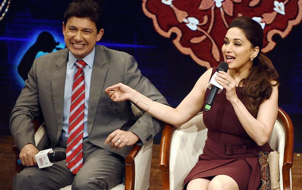 Bollywood actress Madhuri Dixit Nene along with her husband Sriram Nene during an interactive session at the Tiecon Mumbai Entreprenurial Conclave 2016 in Mumbai.