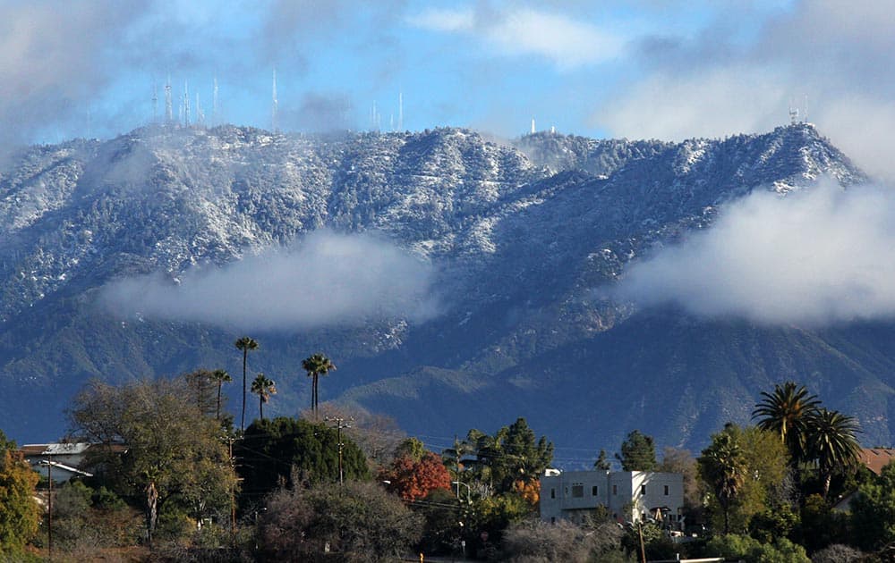 Snow caps the San Gabriel Mountains overlooking Los Angeles.