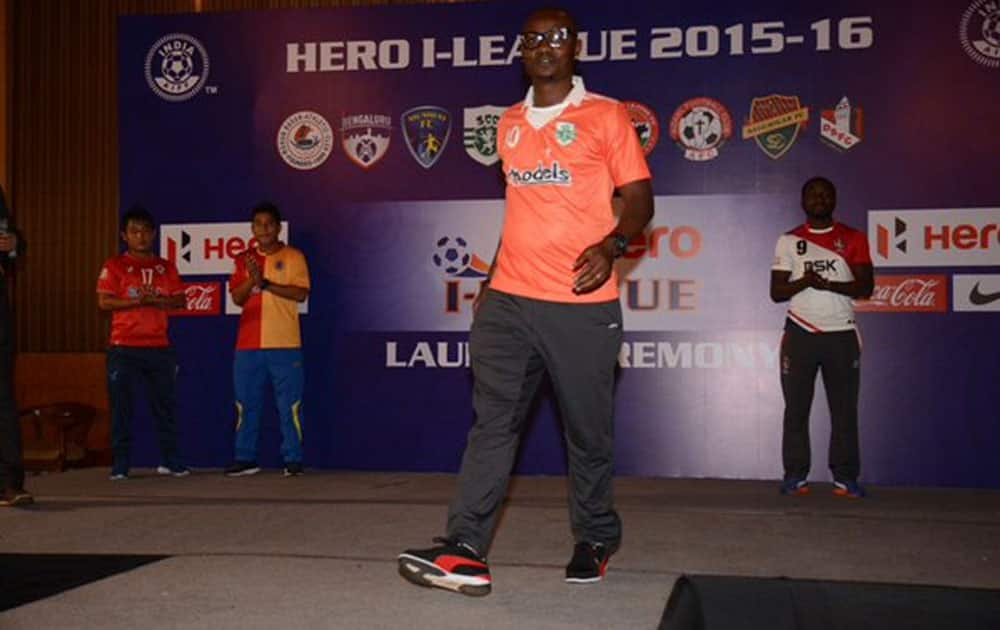 Sporting Clube de Goa captain Odafa Okolie at the launch ceremony of I-League 2016 in Kolkata. (Courtesy @ILeagueOfficial)