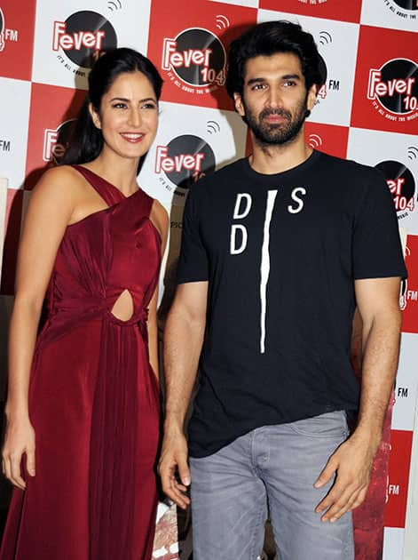 Actors Aditya Roy Kapur and Katrina Kaif at an FM radio station during promotion of film ‘Fitoor’ in Mumbai.