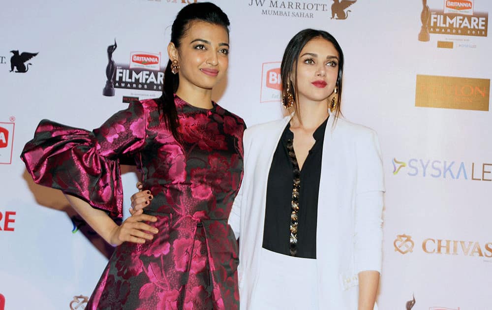 Bollywood Actress (L/R) Radhika Apte and Aditi Rao Hyedari during ‘61st Filmfare Awards 2016’ at Mumbai.