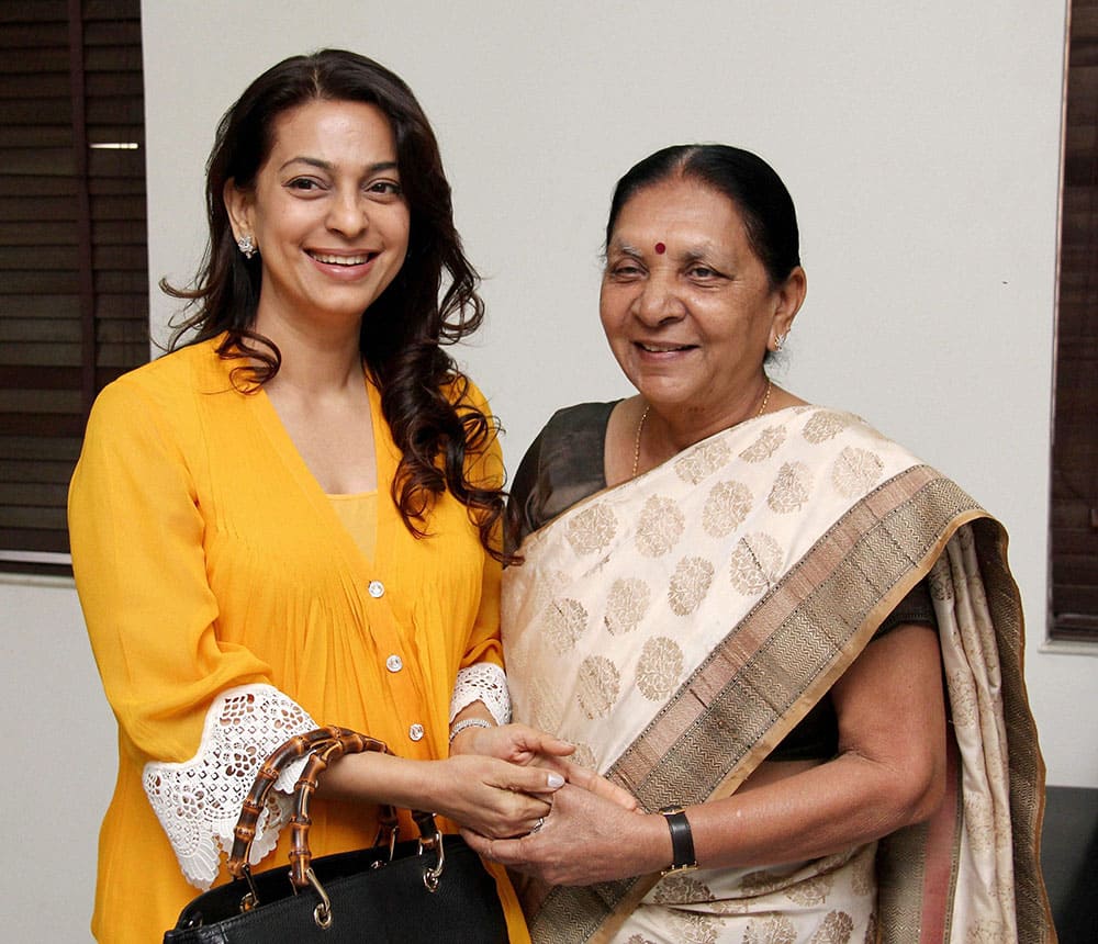 Bollywood actress Juhi Chawala meets Gujarat Chief Minister Anandiben Patel in Gandhinagar.