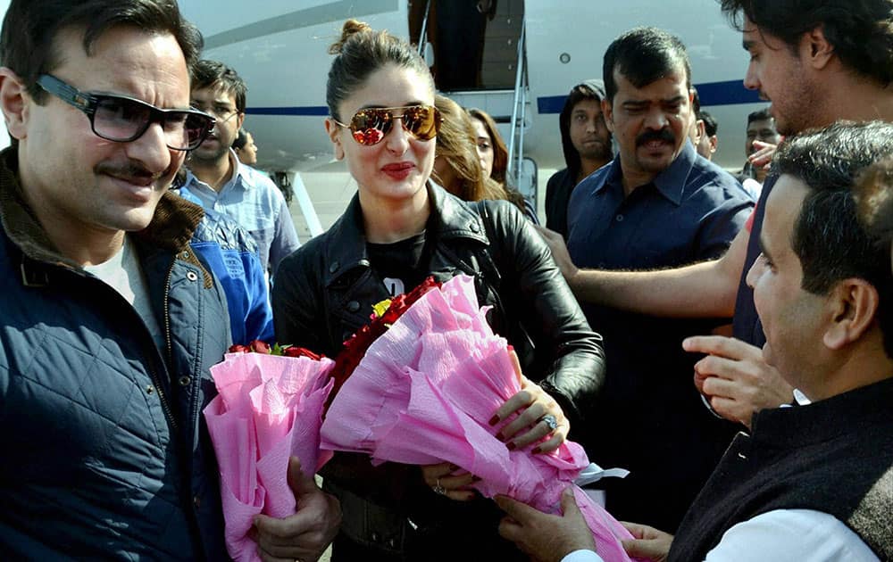 Samajwadi Party MP Dharmendra Yadav receives actor-couple Saif Ali Khan and Kareena for Saifai Mahotsav in Saifai.