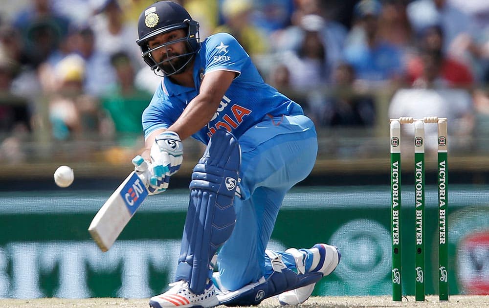 Rohit Sharma plays a shot during their one day international cricket match against Australia, in Perth, Australia.