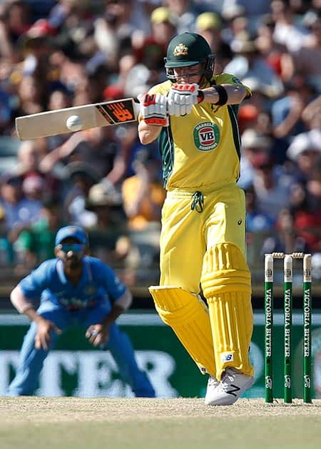 Steve Smith plays a shot during the team's one day international cricket match against India in Perth, Australia.