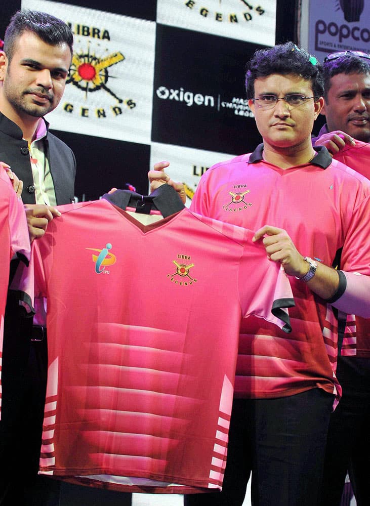 Former India captain Sourav Ganguly unveils the jersey of his team Libra Legends for the Masters Champions League (MCL), to be played in UAE, in Kolkata.