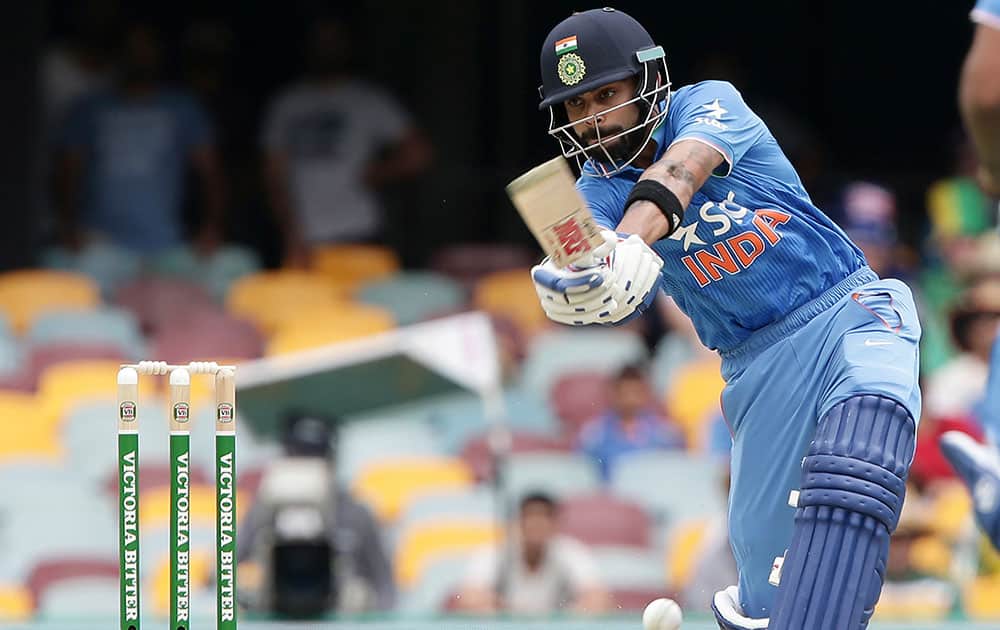 Virat Kholi plays a shot during the 2nd One Day International cricket match between Australia and India in Brisbane, Australia.
