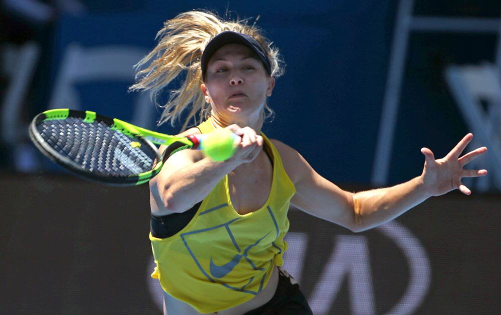 Eugenie Bouchard of Canada plays a shot during a practice session, ahead of the Australian Open tennis championships in Melbourne, Australia.