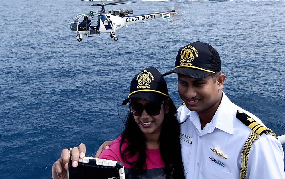 Navy officials taking selfie during the Day at Sea exercise organised as part of Navy Week celebrations off the Chennai coast.