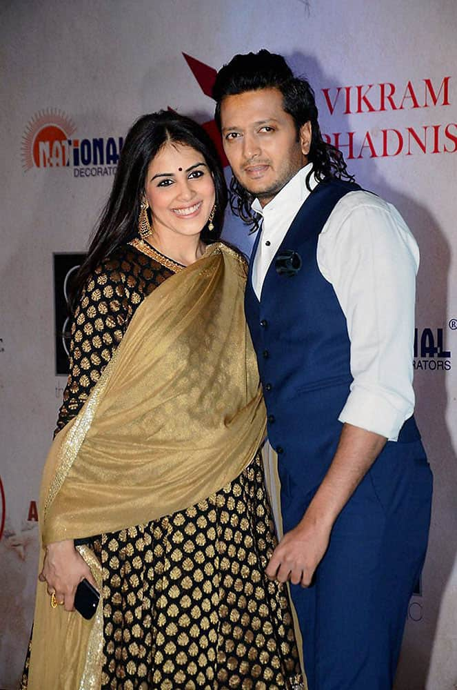 Bollywood actor Riteish Dehmukh with wife Genelia Dsouza at a function as Vikram Phadnis celebrates 25 years of designing in Mumbai.