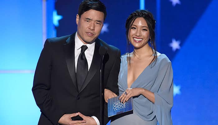 Randall Park, left, and Constance Wu present the award for best supporting actress in a comedy series at the 21st annual Critics' Choice Awards.