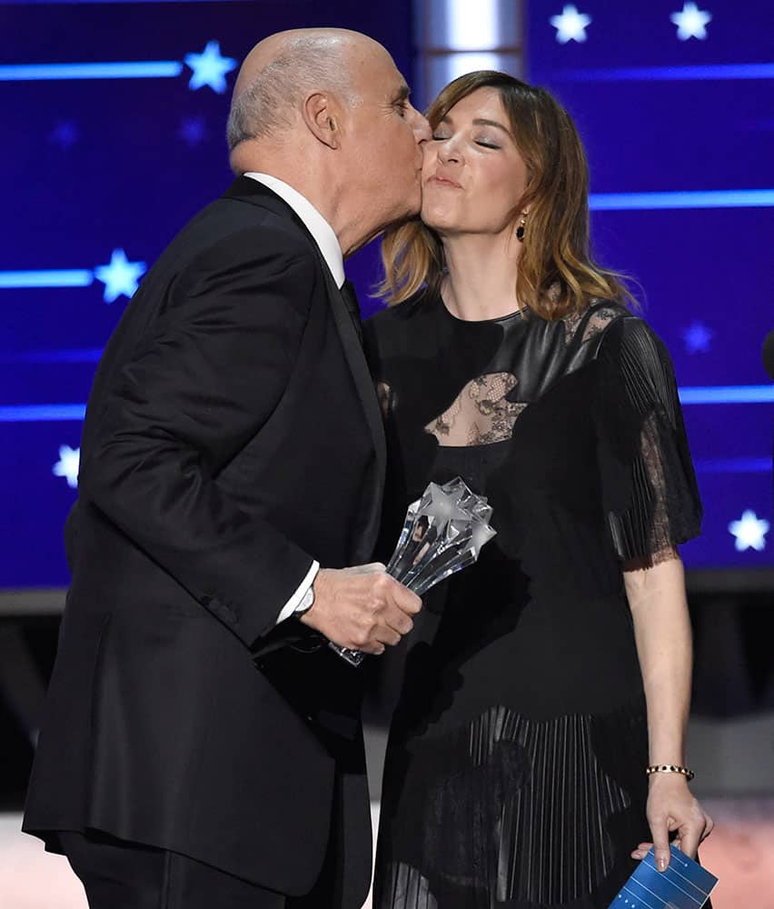 Carrie Brownstein, right, presents Jeffrey Tambor with the award for best actor in a comedy series for “Transparent” at the 21st annual Critics' Choice Awards.