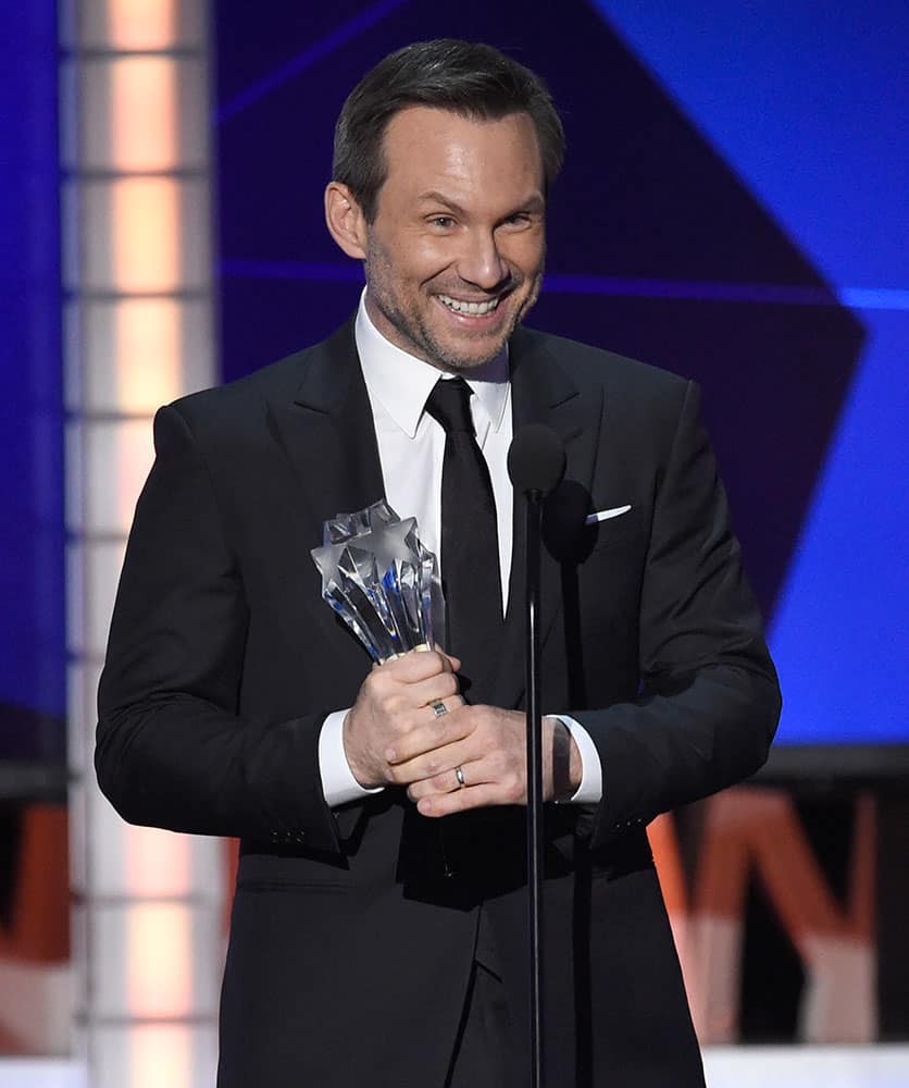 Christian Slater accepts the award for best supporting actor in a drama series for “Mr. Robot” at the 21st annual Critics' Choice Awards.