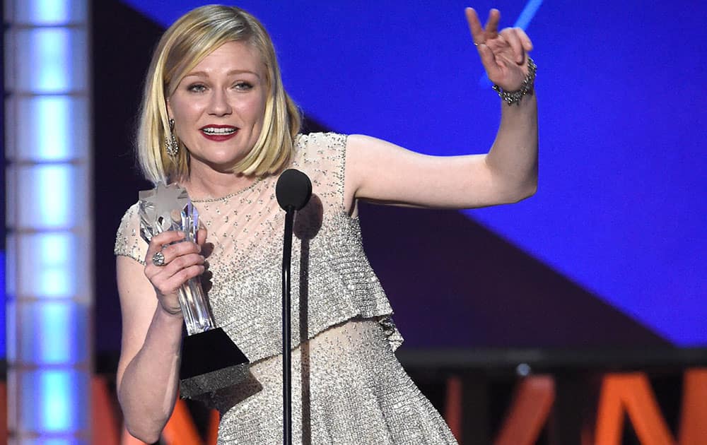 Kirsten Dunst accepts the award for best actress in a movie made for television or limited series for “Fargo” at the 21st annual Critics' Choice Awards.