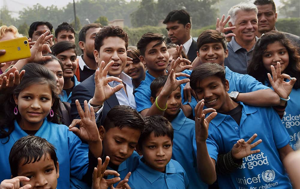 ICC chief executive David Richardson and cricket legend Sachin Tendulkar at the launch of ICCs Cricket for Good & Team Swachh campaign in partnership with UNICEF and BCCI in New Delhi.