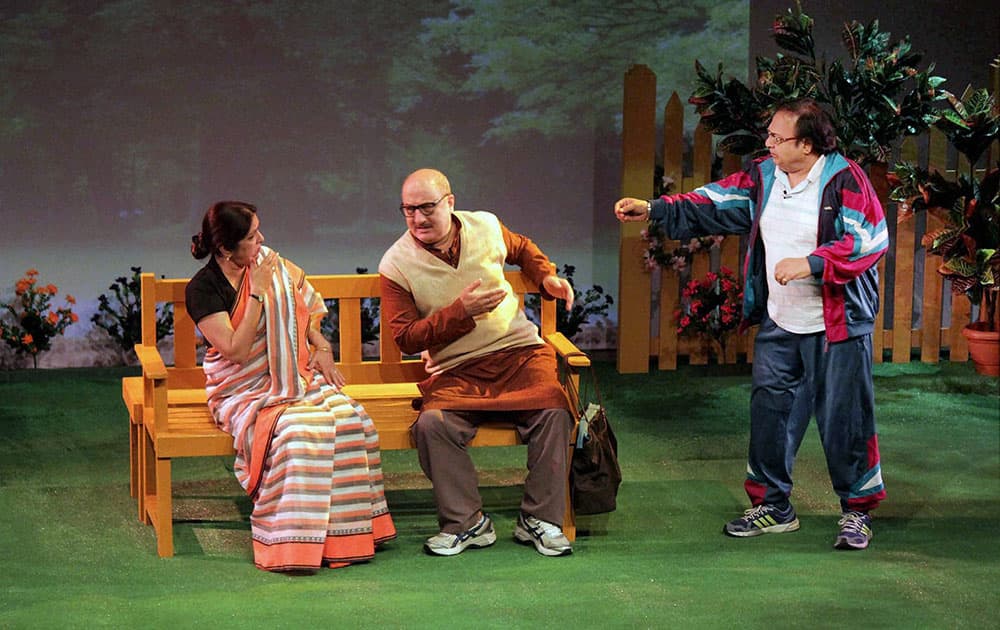 Bollywood actors Anupam Kher, Neena Gupta and Rakesh Bedi perform in a play titled “Mera Woh Matlab Nahi Tha” written and directed by Bedi, at GMCH Auditorium in Guwahati.