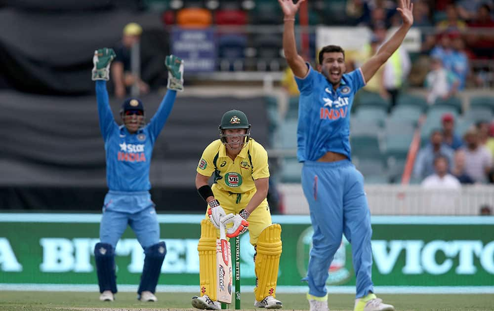 David Warner watches as Indian bowler Rishi Dhawan and wicketkeeper MS Dhoni appeal for an LBW during their One Day International cricket match in Canberra, Australia.