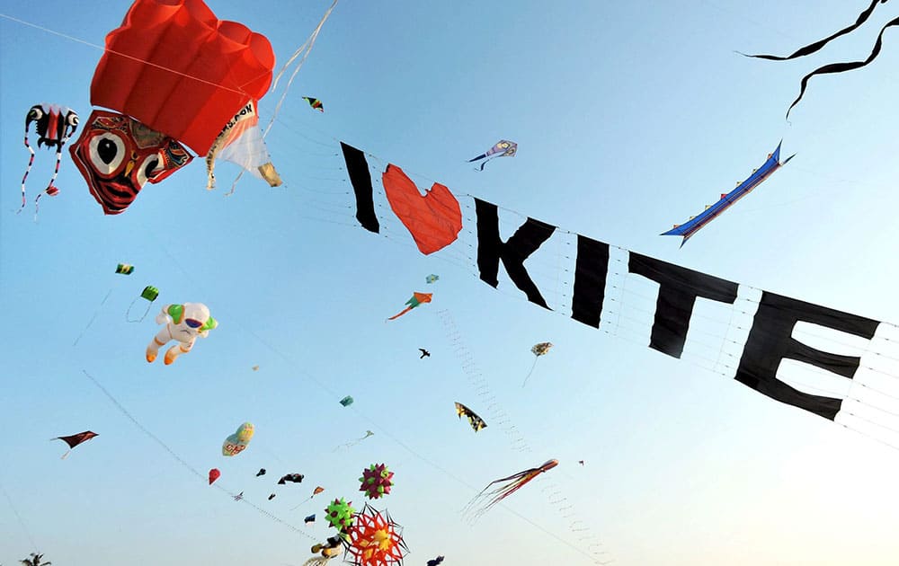 A view of kites fying during the kite festival at Colva beach in Goa.
