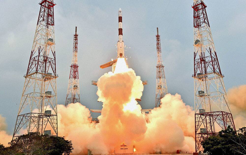 Indian Space Research Organisation (ISRO)s PSLV-C31 carrying IRNSS-1E takes off during its launch from Satish Dhawan Space Center in Sriharikota.