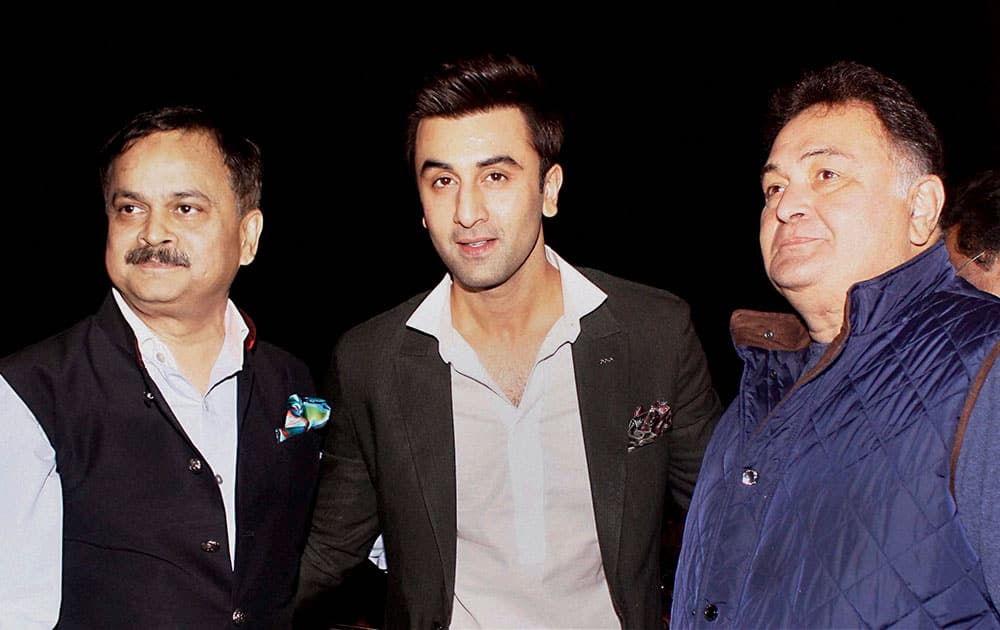 Mumbai Police Commissioner Javed Ahmed with Bollywood actors Rishi Kapoor and Ranbir Kapoor during the Umang Mumbai Police Show 2016.
