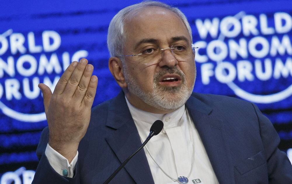Iranian Foreign Minister Mohammad Javad Zarif gestures as he speaks during a panel 