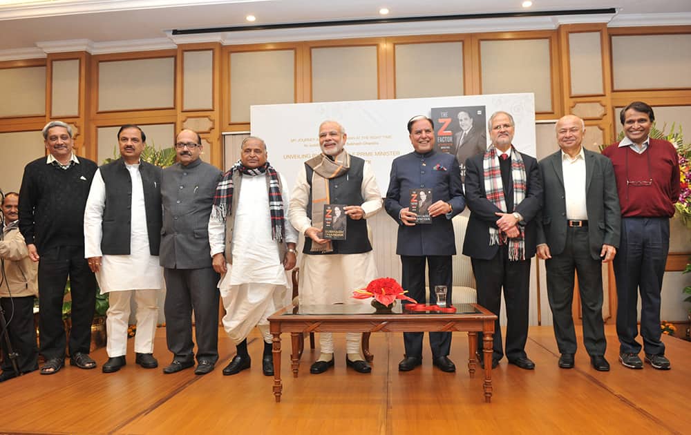 Hon’ble PM Shri Narendra Modi with Dr.Subhash Chandra and distinguished politicians at launch of the autobiography 'The Z Factor' in New Delhi.