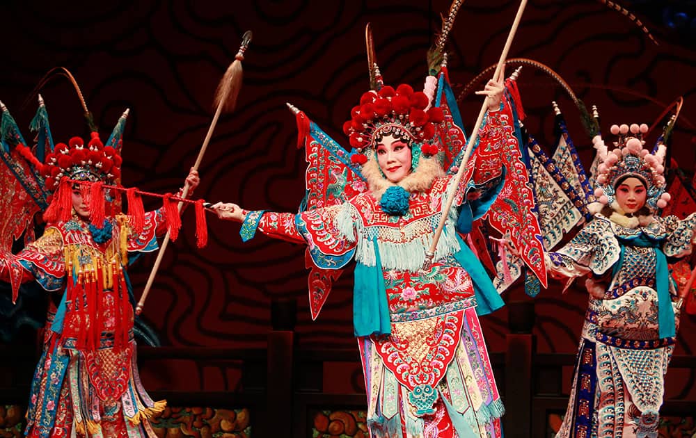 Traditional Chinese Opera actresses of Guo Guang Opera Company perform in a special new production entitled 'Super New' during a press event at the Taipei Zhongshan Hall in Taipei, Taiwan.
